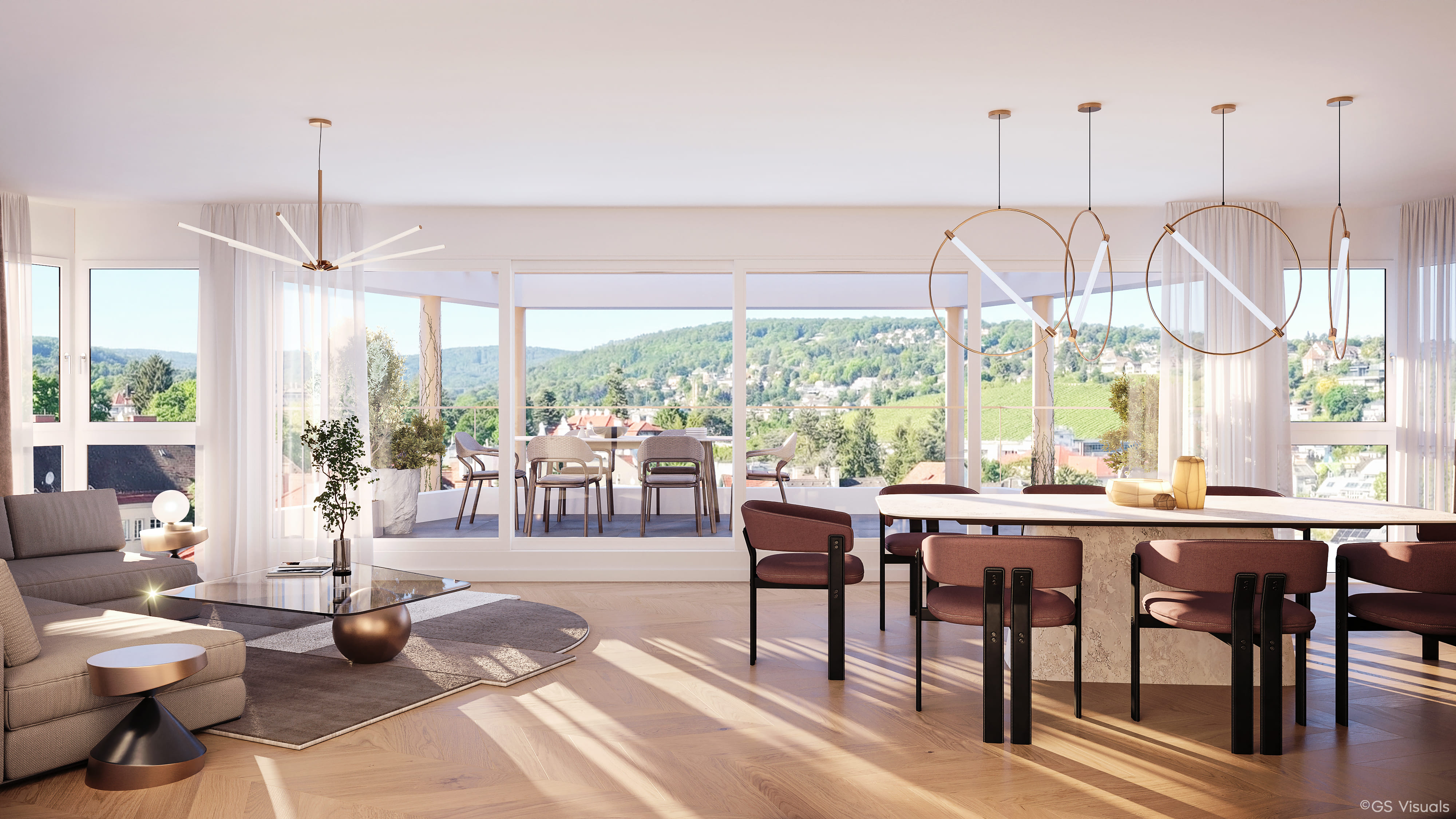 Rendering Wohn-Essbereich mit Panoramablick