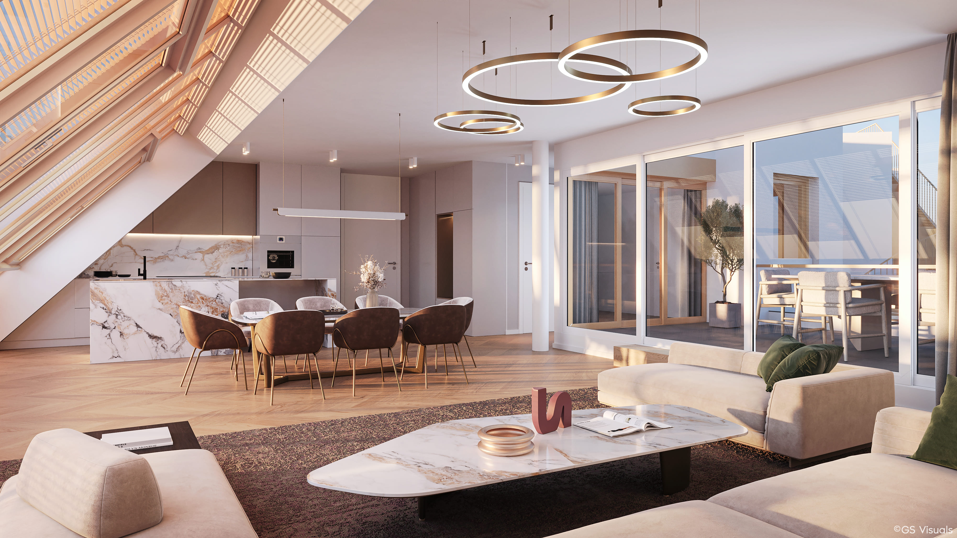 Rendering Penthouse mit offener Küche und Dachterrasse