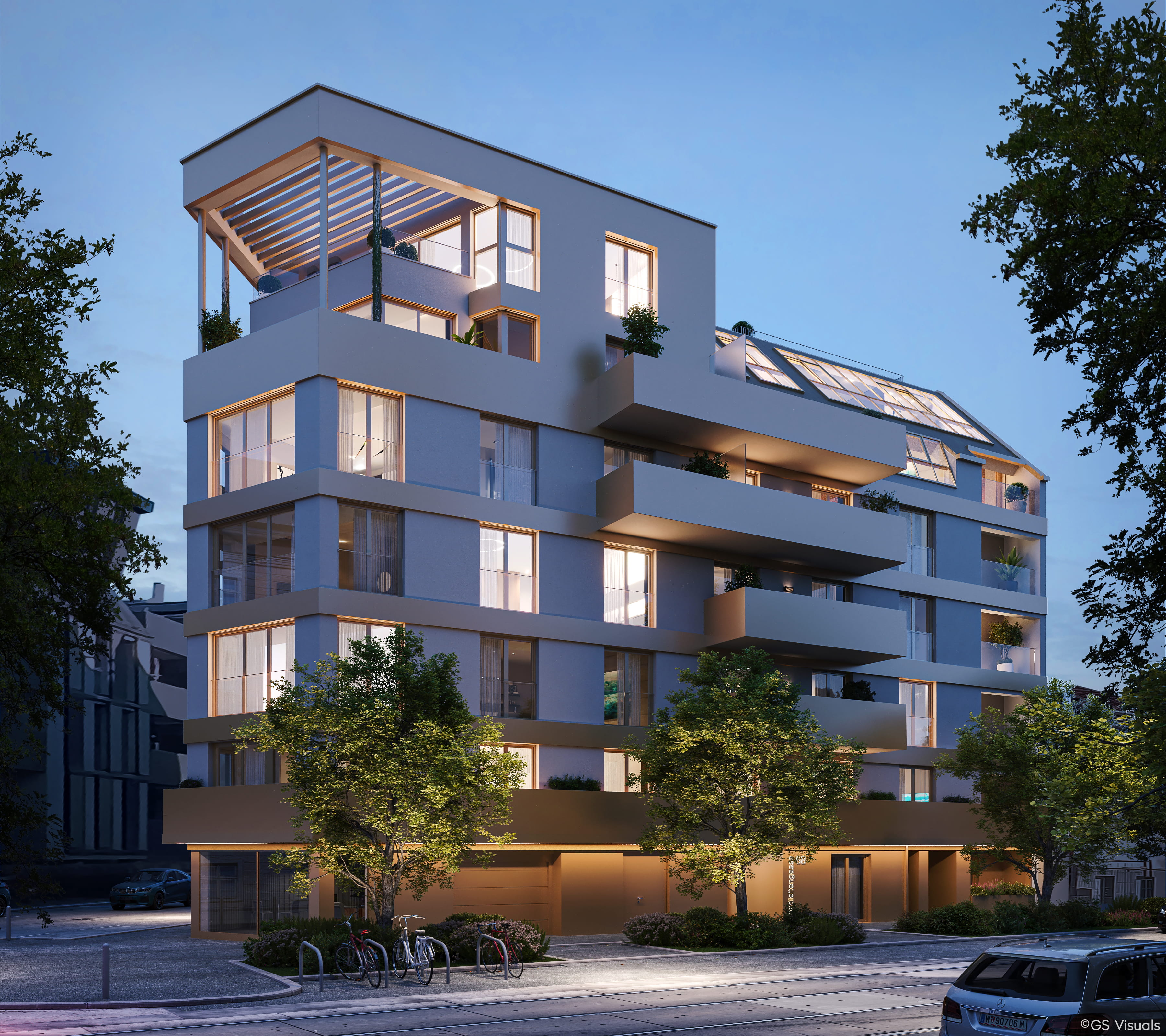 Rendering Sandleitengasse 68 – Nachtansicht mit beleuchteten Balkonen
