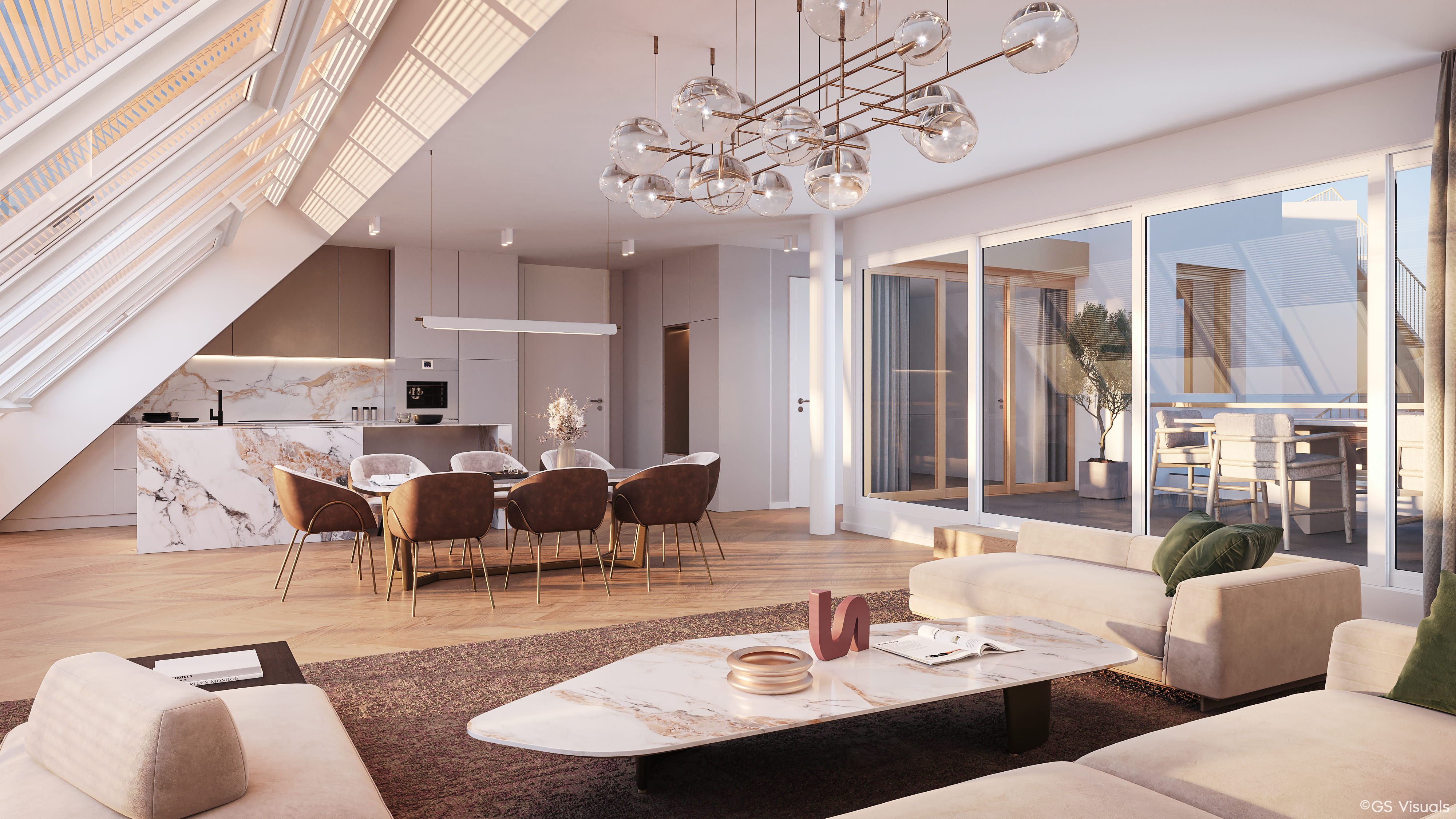 Rendering Penthouse mit offener Wohnküche und Terrasse