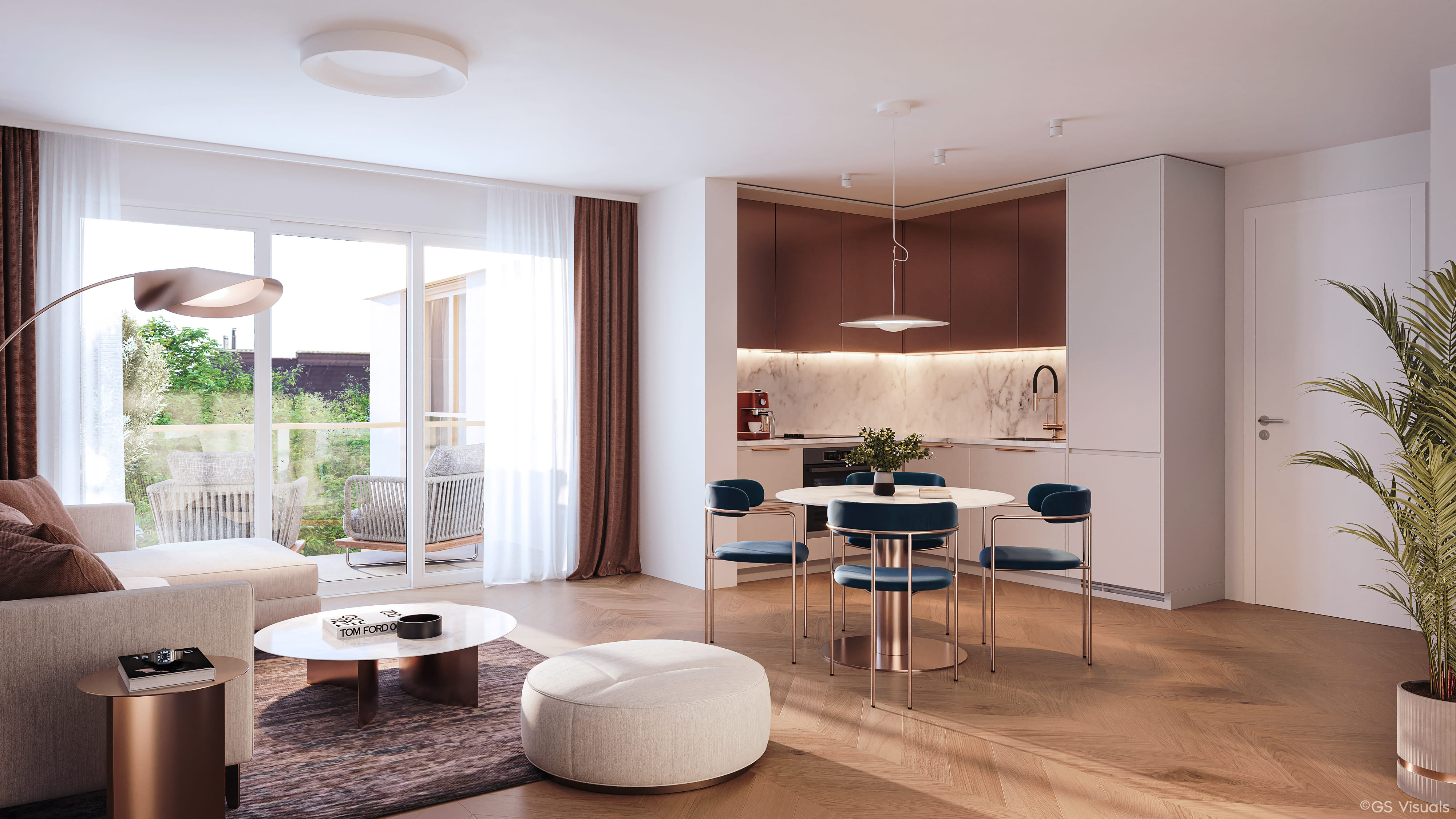 Rendering Wohnzimmer mit Küche und Balkonblick