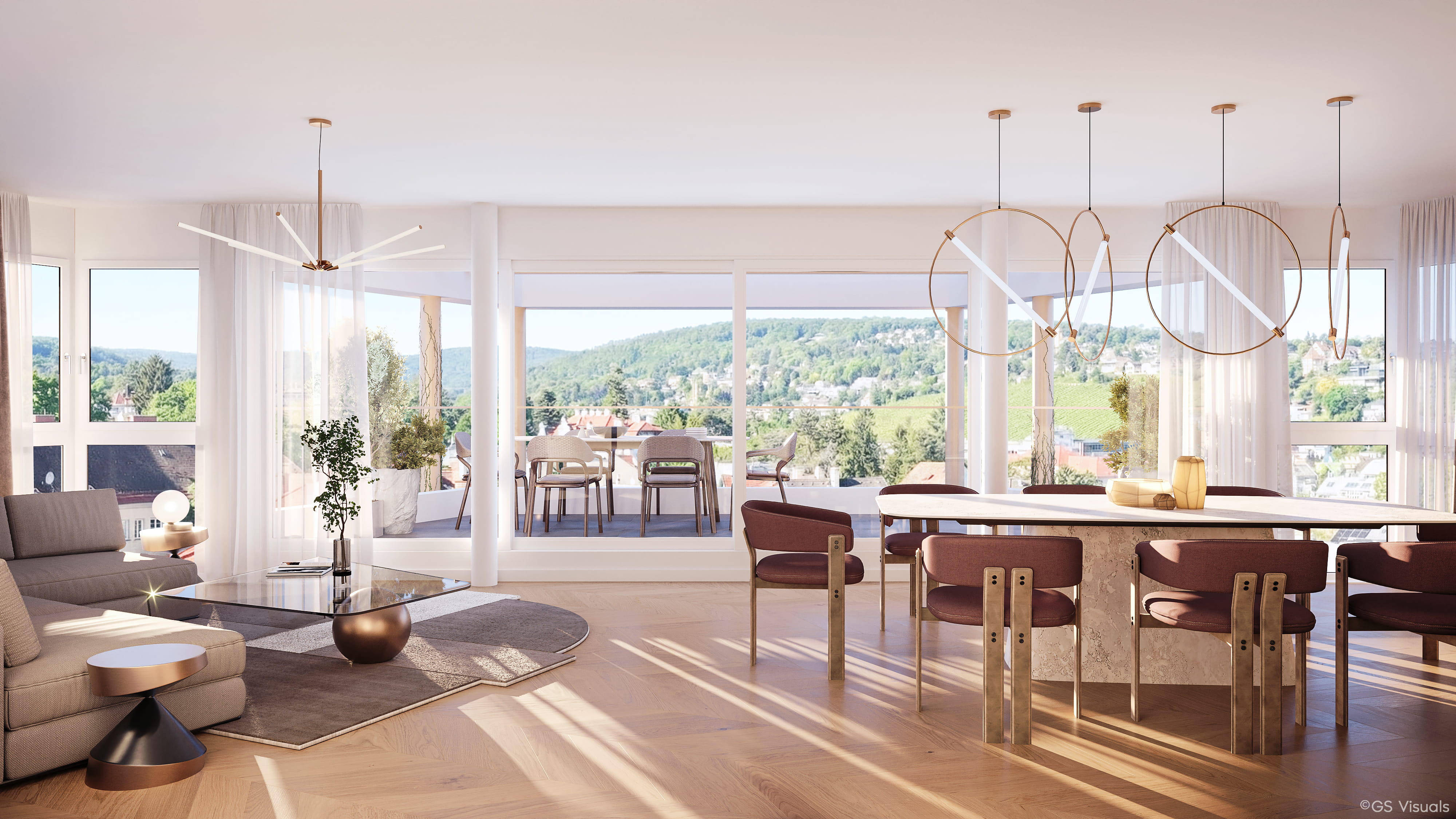 Rendering Wohn-Essbereich mit Panoramablick auf den Wilhelminenberg