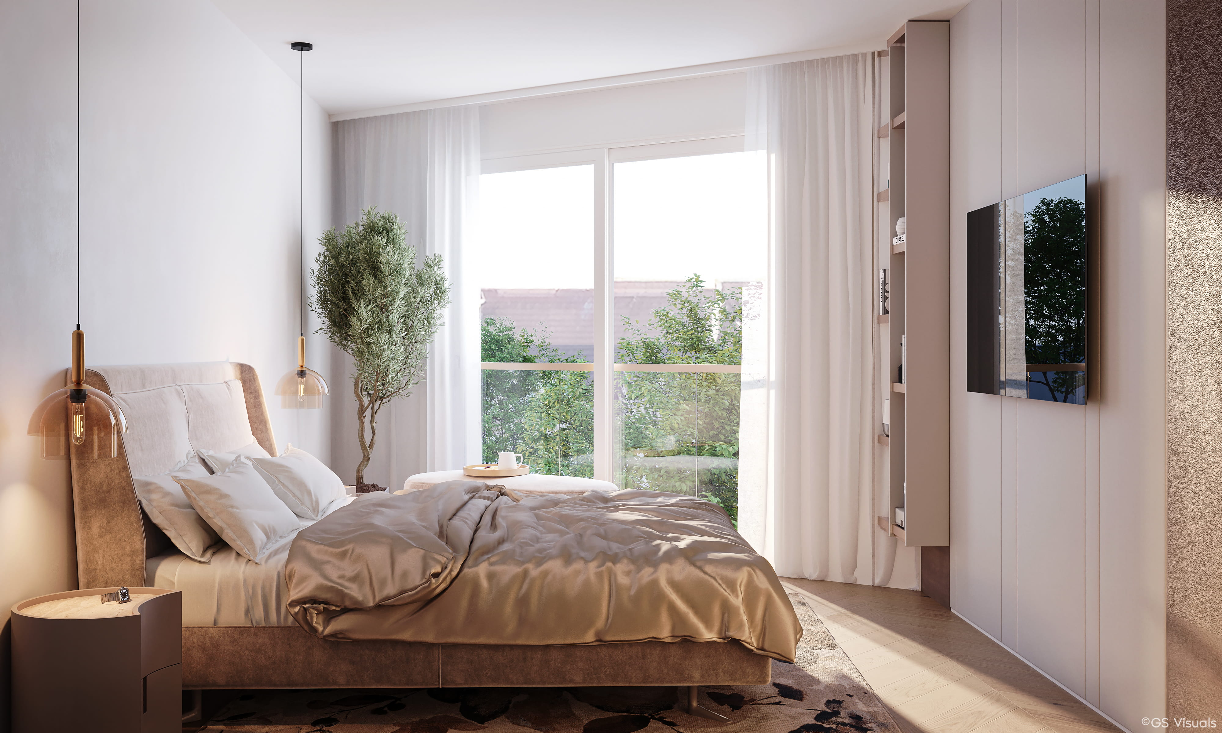 Rendering helles Schlafzimmer mit Blick ins Grüne