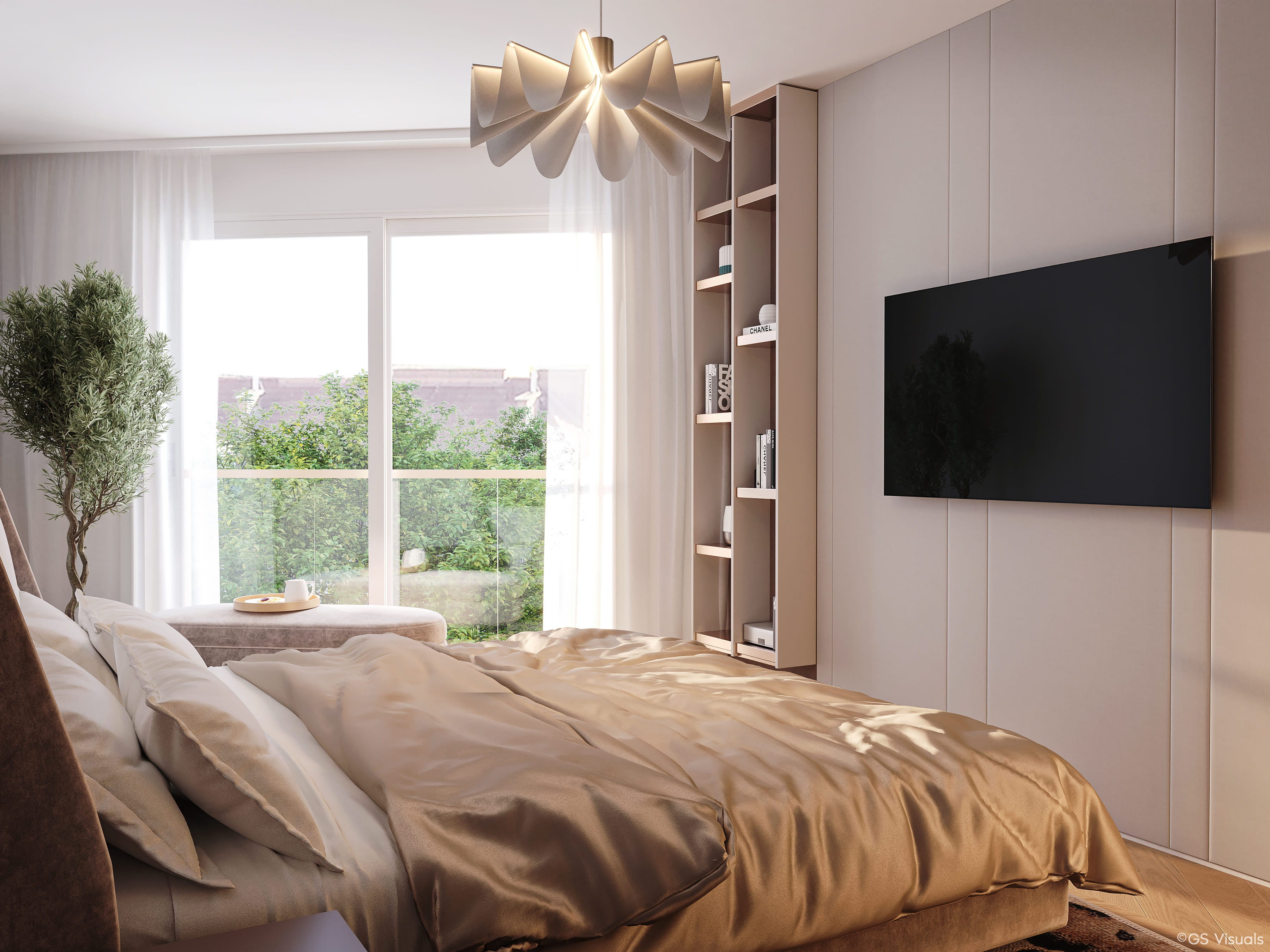 Rendering Schlafzimmer mit Gartenblick